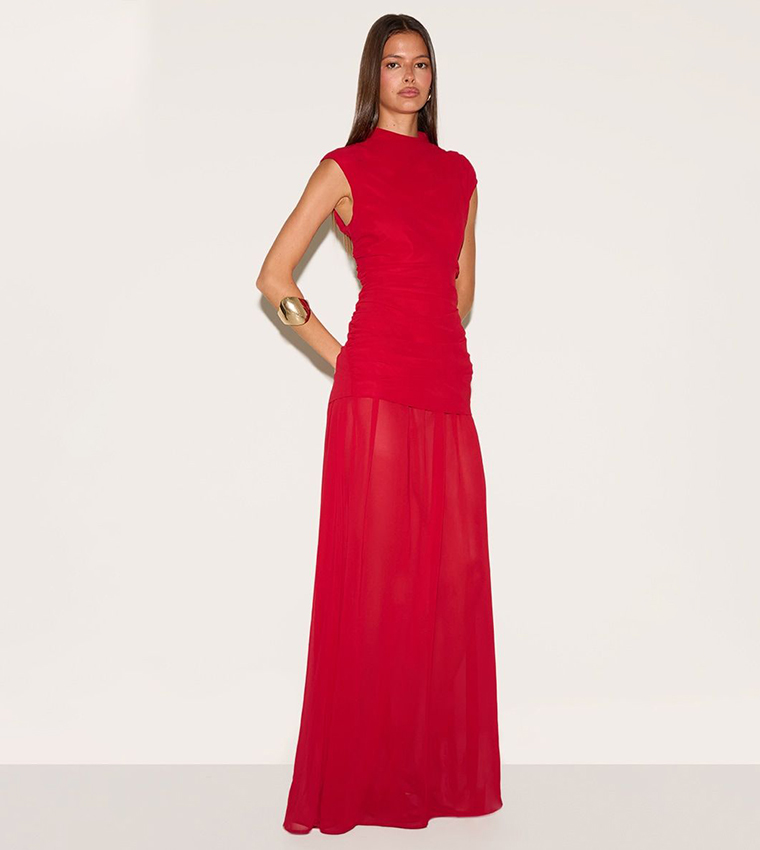Chiffon Ruched Dropped Waist Sleeveless Maxi Dress