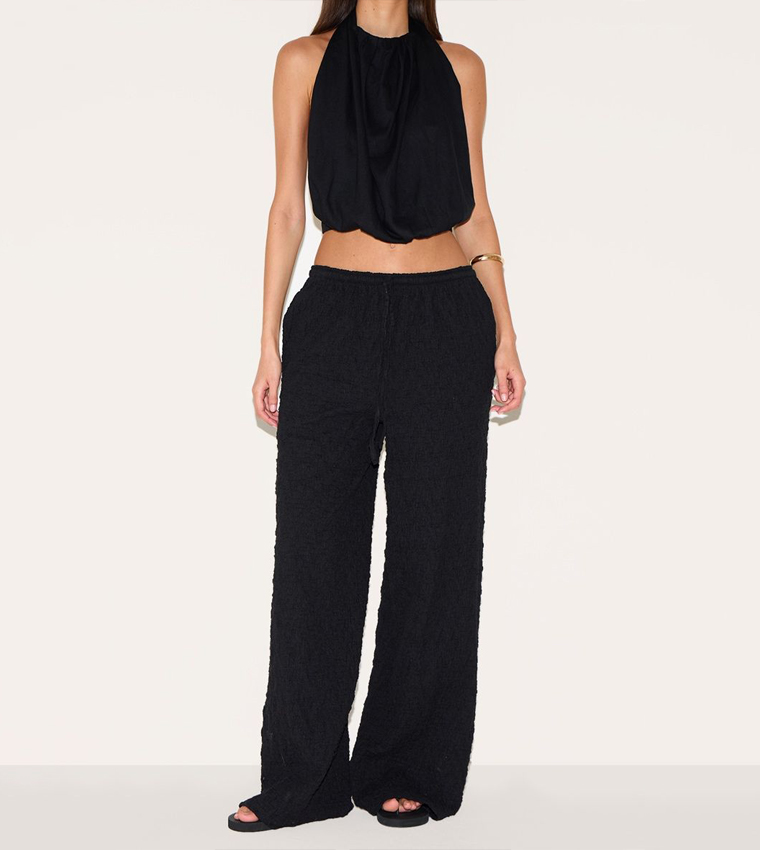 Textured Jersey Drawstring Waist Wide Leg Trousers