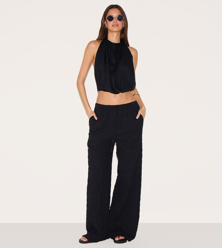 Textured Jersey Drawstring Waist Wide Leg Trousers