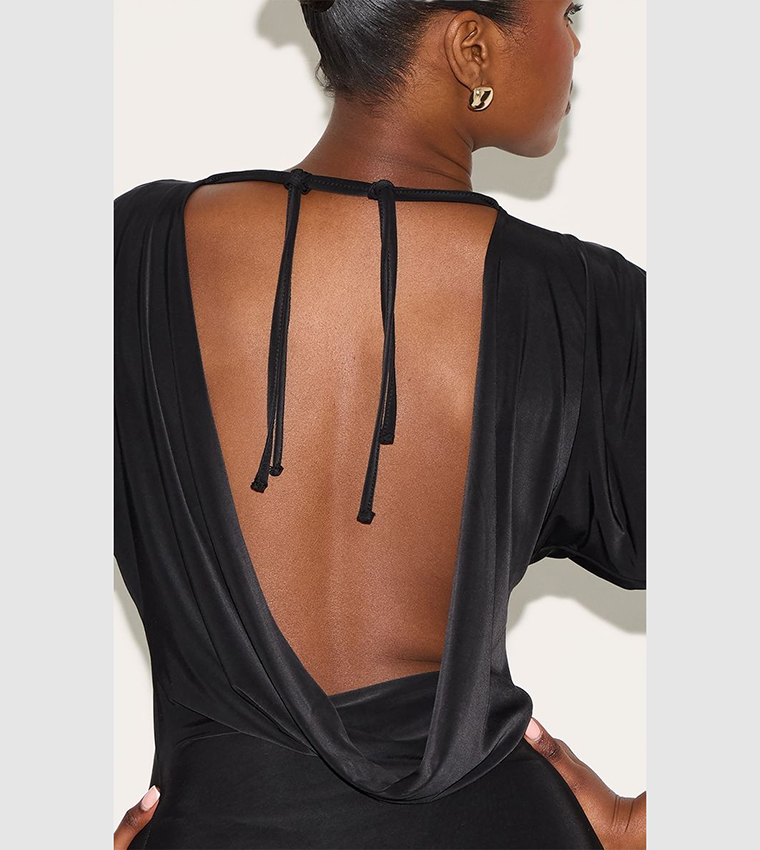 pretty little thing black silk dress Women's Black Satin Short Sleeve Midaxi Dress
