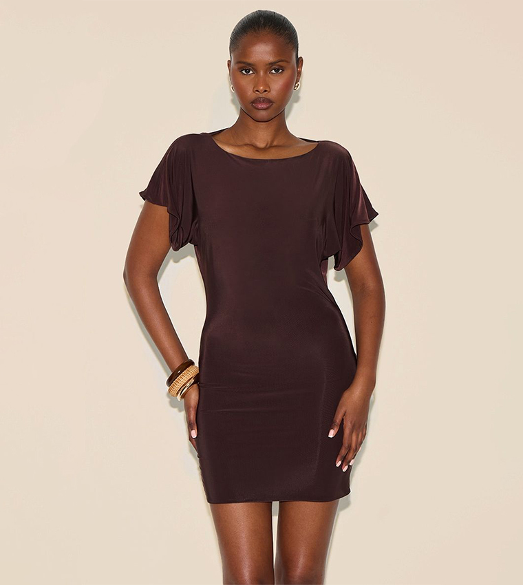 Buy PrettyLittleThing Double Layered Slinky Ruched Short Sleeve Mini Dress  In Brown | 6thstreet Oman