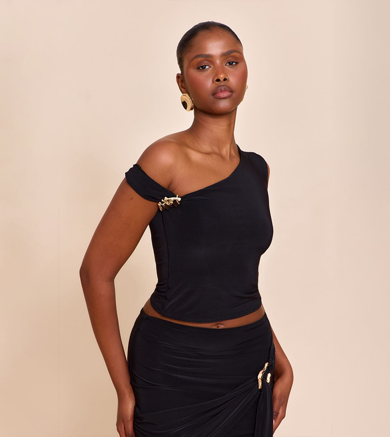 Double Layer Slinky Trim Detail Asymmetric Top