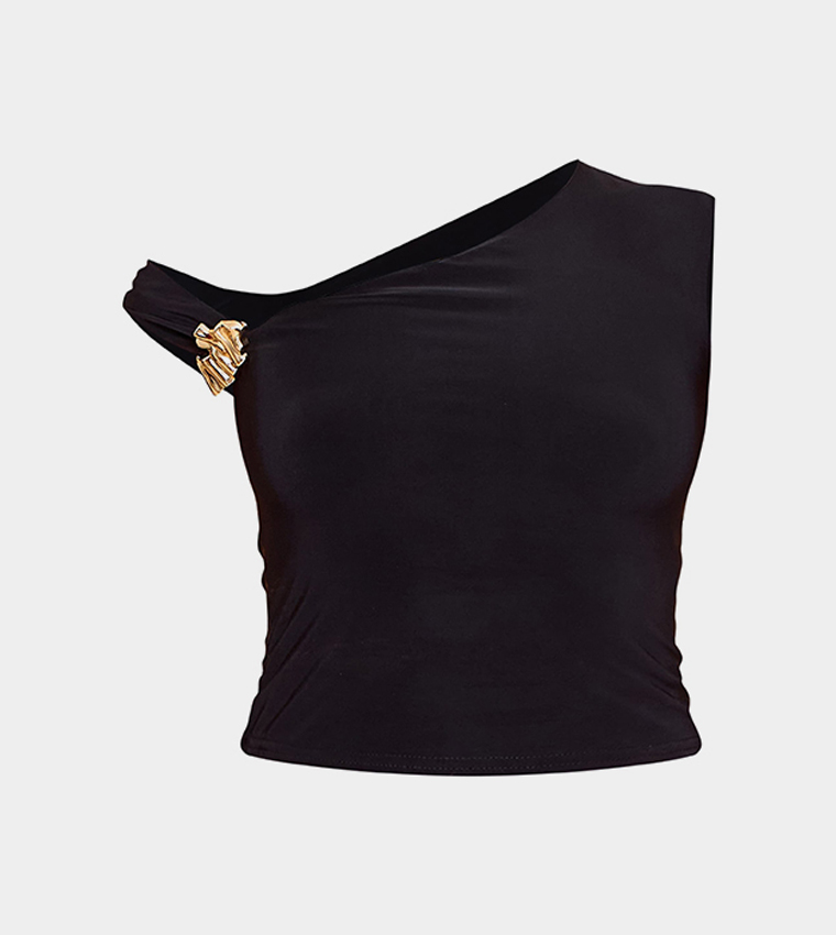 Double Layer Slinky Trim Detail Asymmetric Top