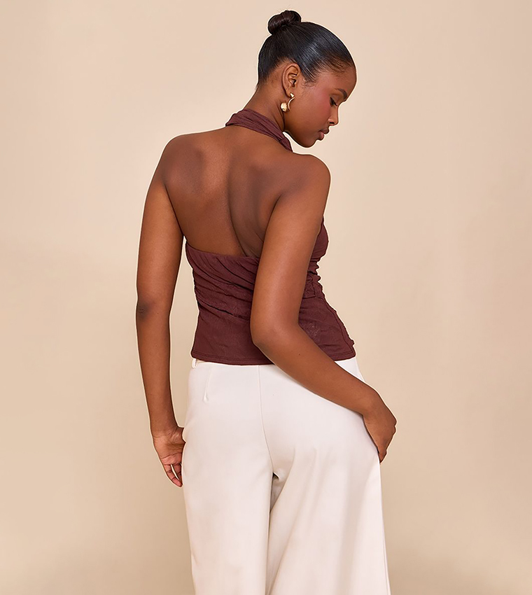 Double Layer Crinkle Mesh Drape Detail Crop Top