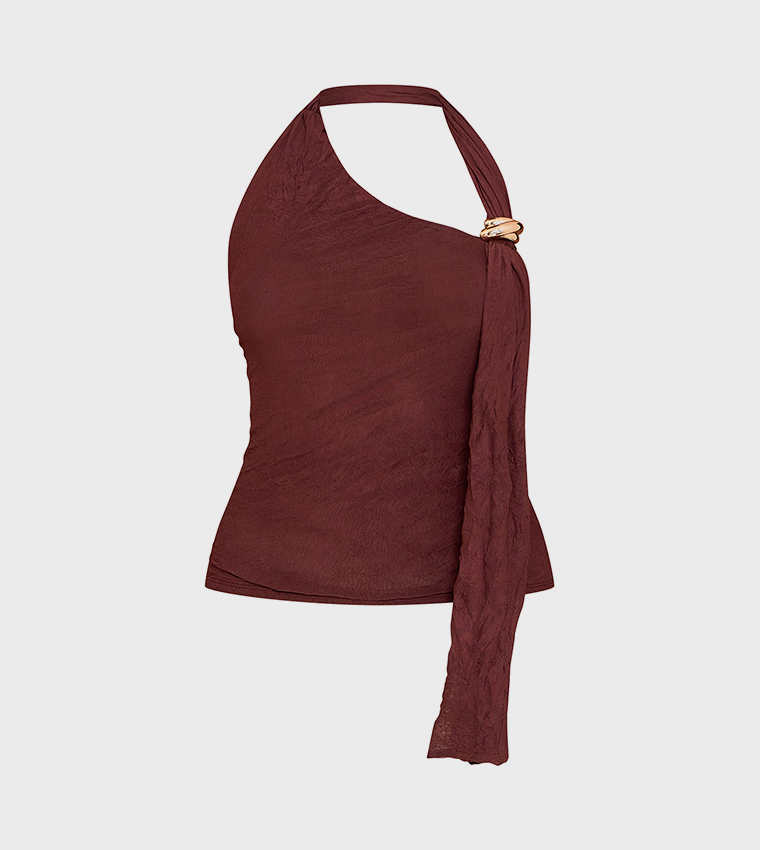 Double Layer Crinkle Mesh Drape Detail Crop Top
