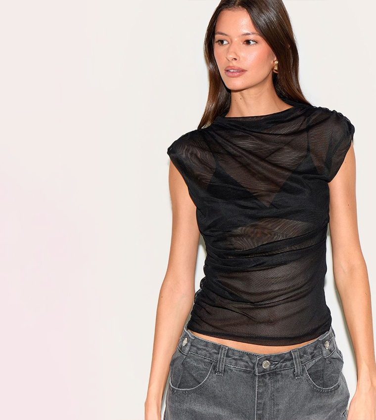 Double Layer Mesh Ruched Detail Crop Top