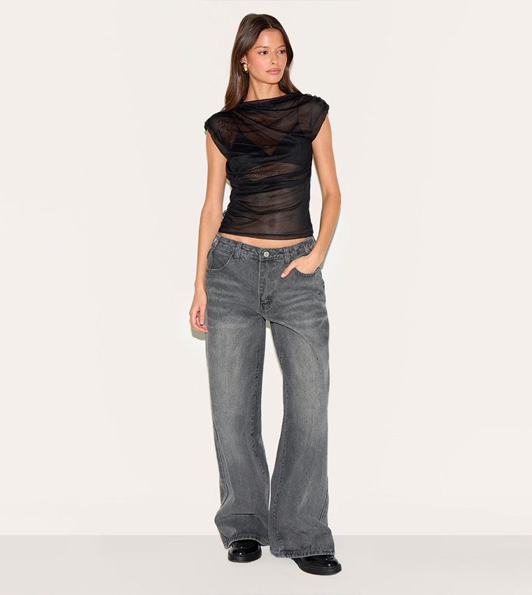 Double Layer Mesh Ruched Detail Crop Top