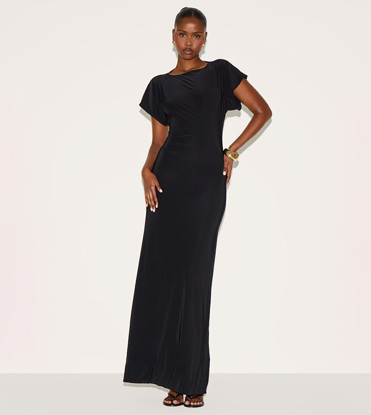 Double Layered Slinky Ruched Short Sleeve Maxi Dress