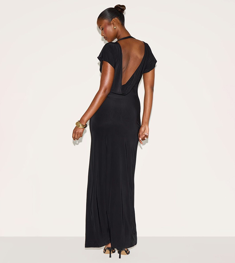 Double Layered Slinky Ruched Short Sleeve Maxi Dress