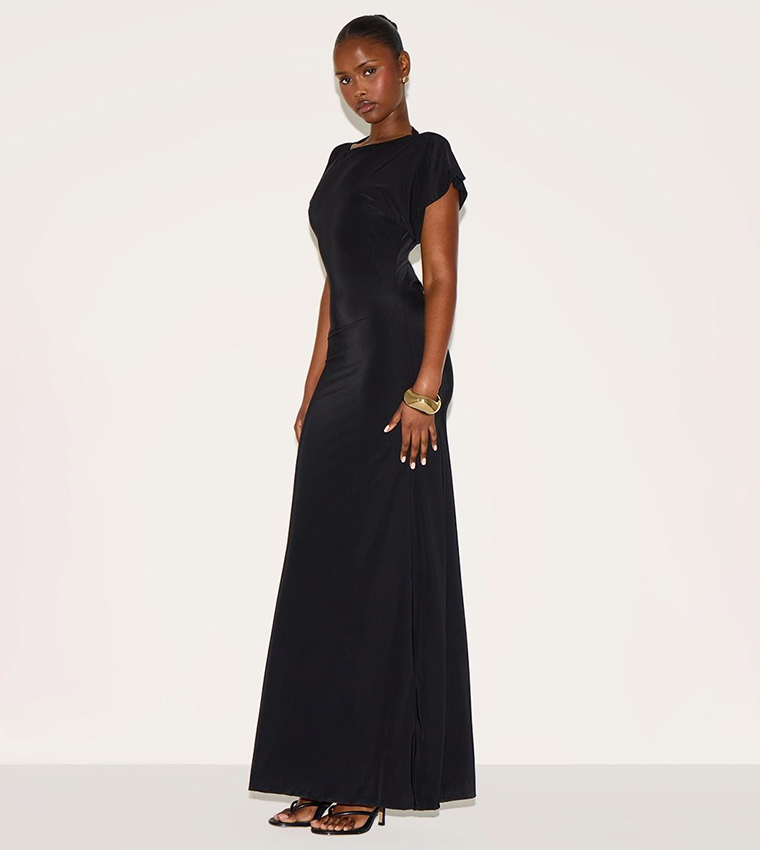 Double Layered Slinky Ruched Short Sleeve Maxi Dress