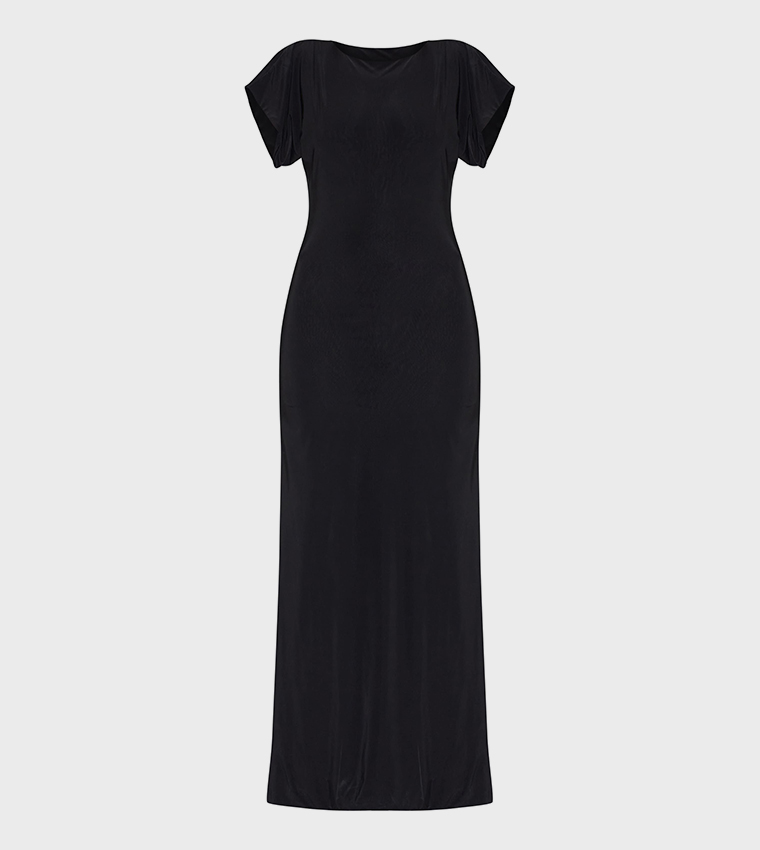 Double Layered Slinky Ruched Short Sleeve Maxi Dress