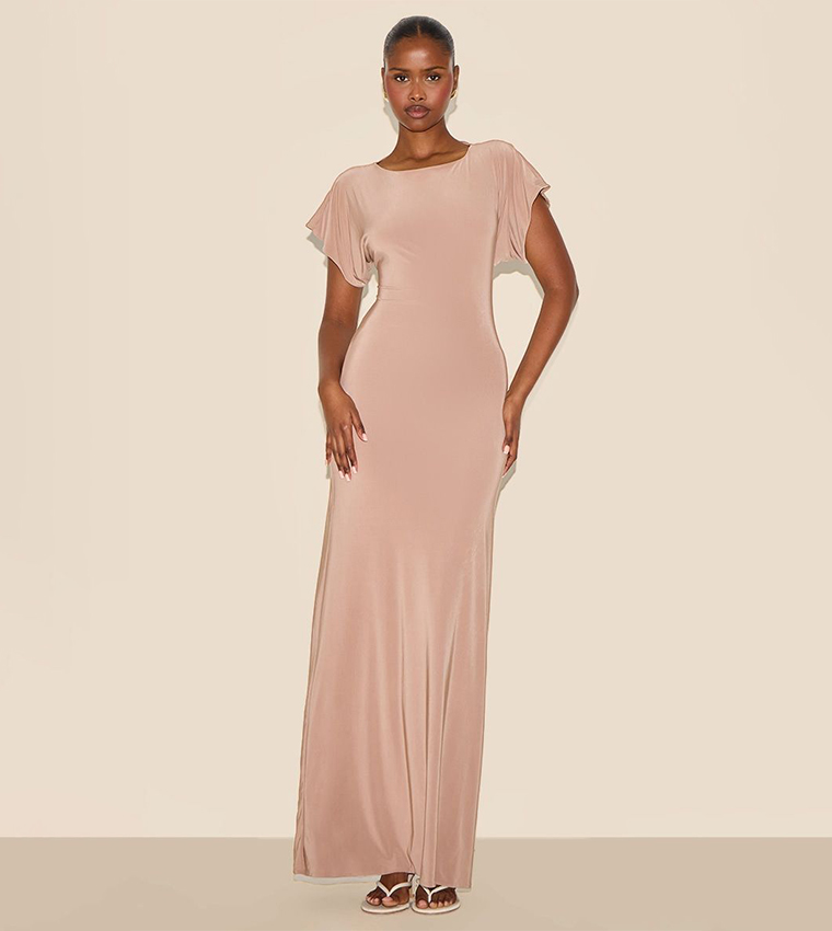 Double Layered Slinky Ruched Short Sleeve Maxi Dress
