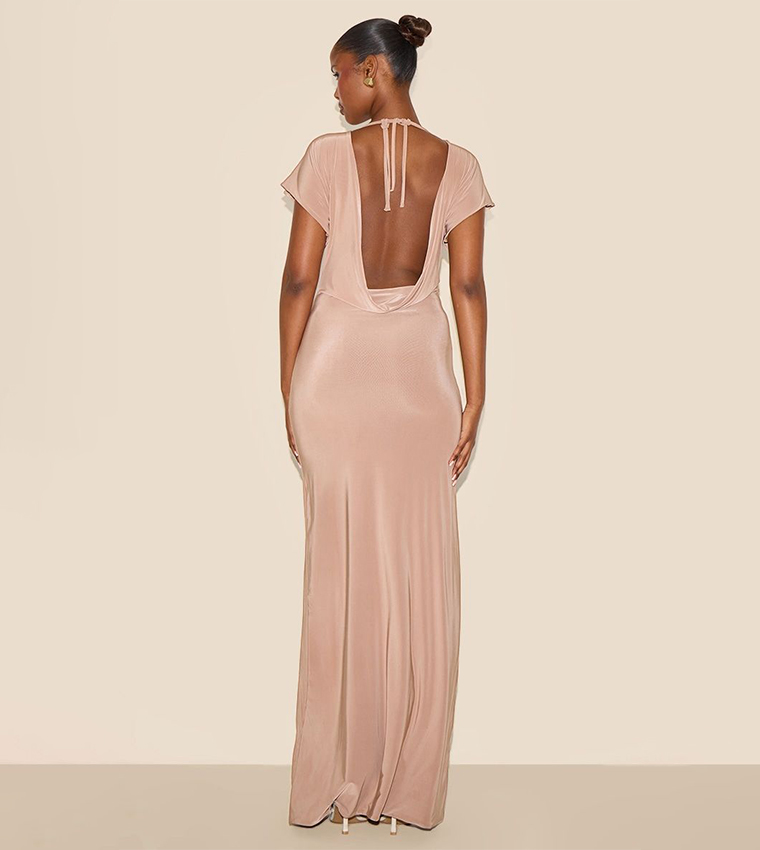Double Layered Slinky Ruched Short Sleeve Maxi Dress