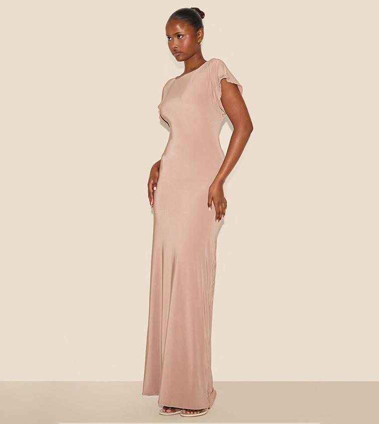 Double Layered Slinky Ruched Short Sleeve Maxi Dress