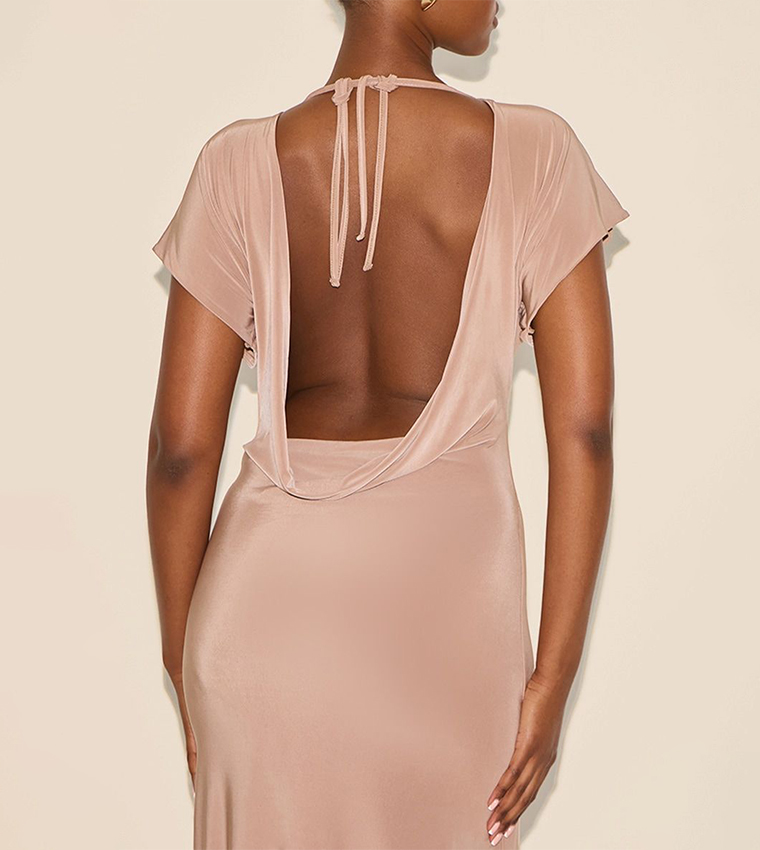 Double Layered Slinky Ruched Short Sleeve Maxi Dress