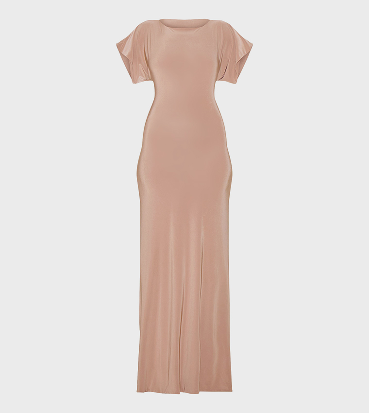 Double Layered Slinky Ruched Short Sleeve Maxi Dress