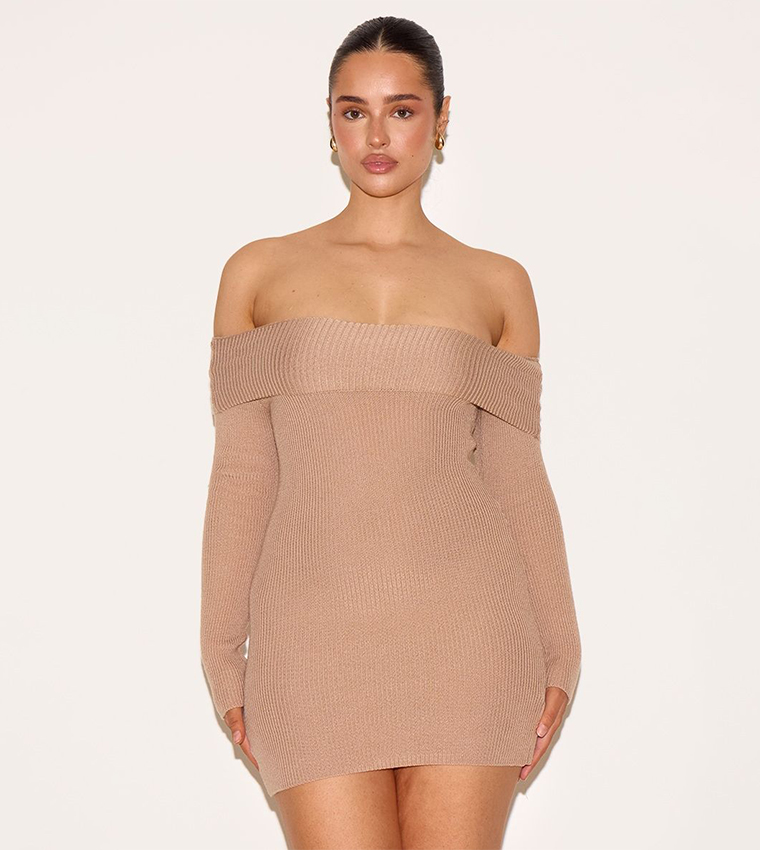Buy PrettyLittleThing Shape Off Shoulder Fold Over Knitted Bodycon Dress In  Brown | 6thstreet Qatar