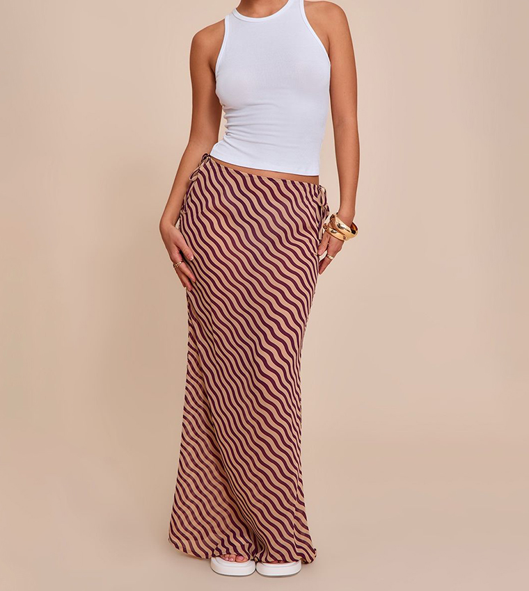 Striped Print Sheer Low Rise Maxi Skirt