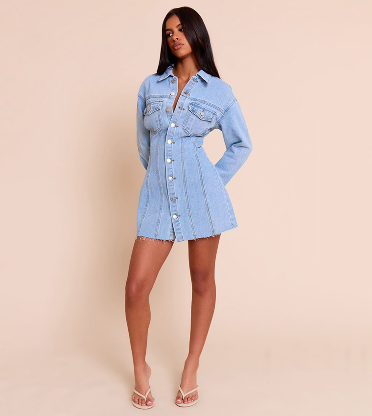 Buy PrettyLittleThing Petite Denim Long Sleeves Fitted Mini Dress