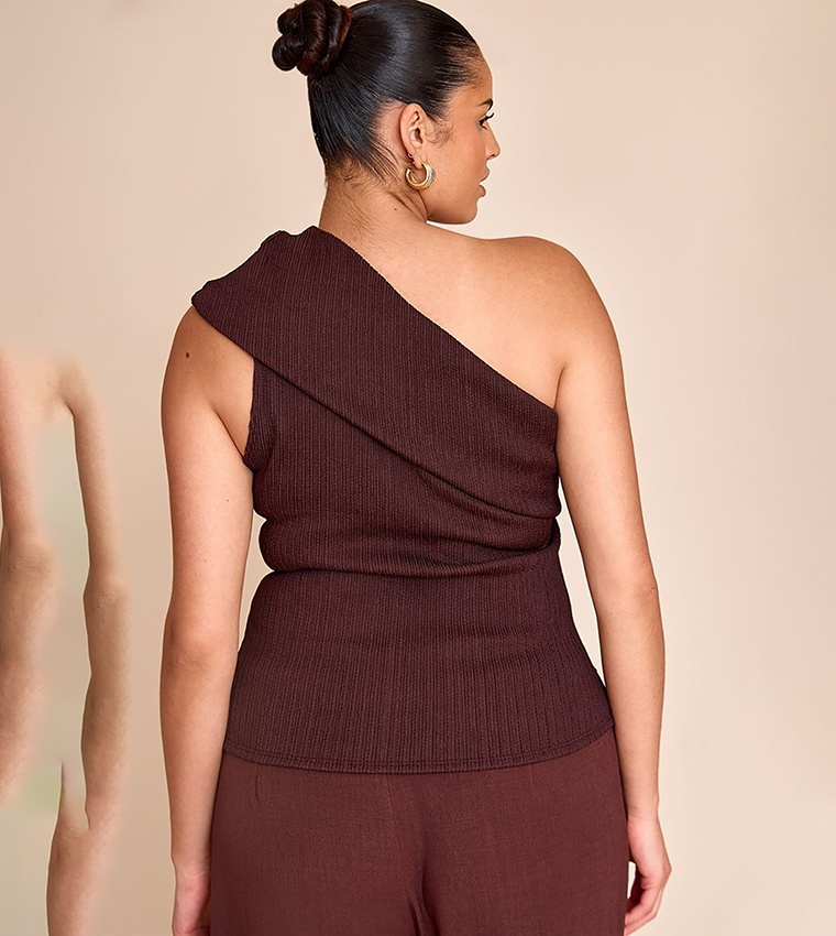 Curve Textured Fold Over One Shoulder Top