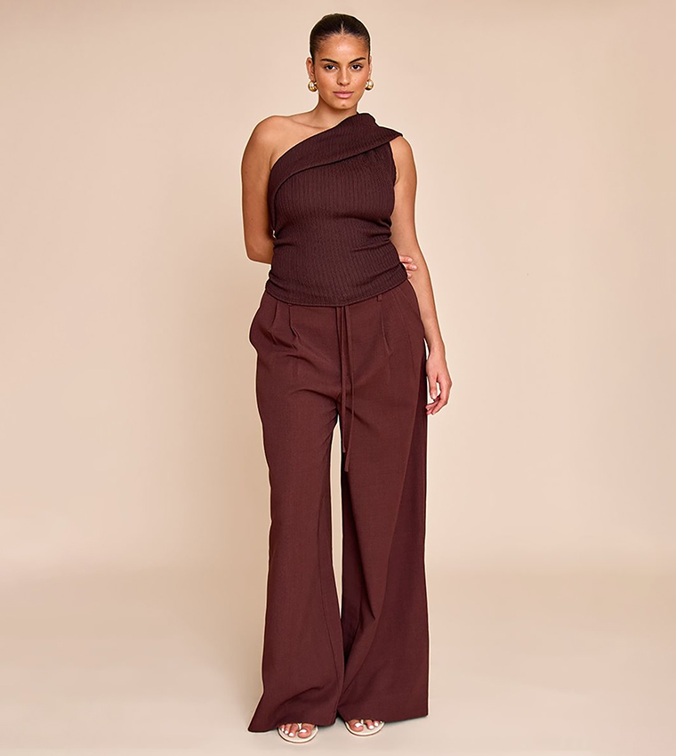 Curve Textured Fold Over One Shoulder Top