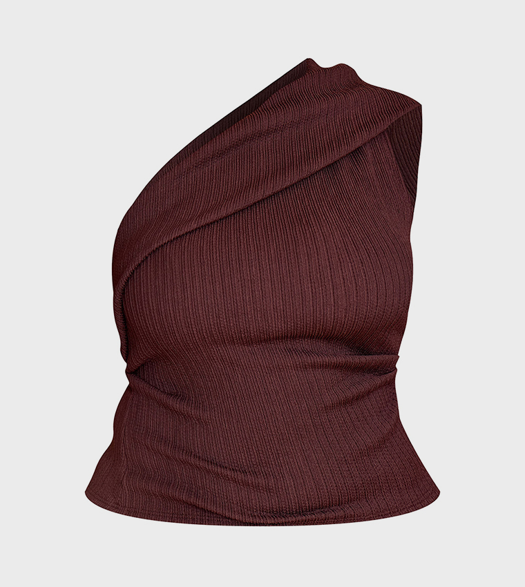 Curve Textured Fold Over One Shoulder Top