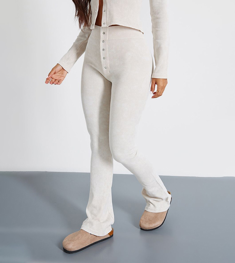Petite Faded Contour Rib Button Detail Flared Leggings