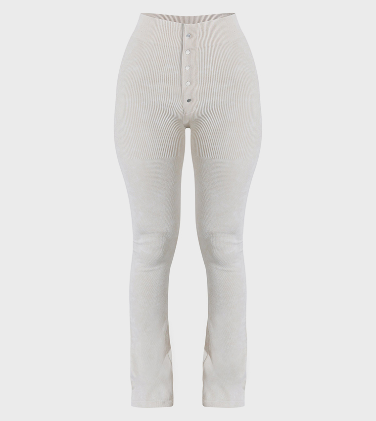 Petite Faded Contour Rib Button Detail Flared Leggings