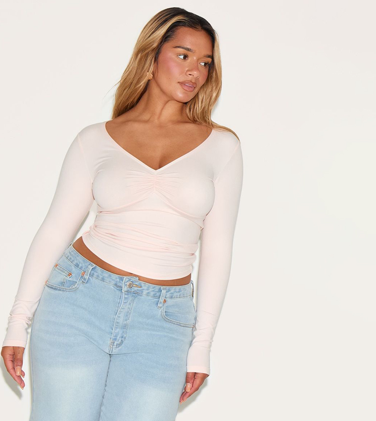 Curve Sculpt Ruched Bust Long Sleeves Top