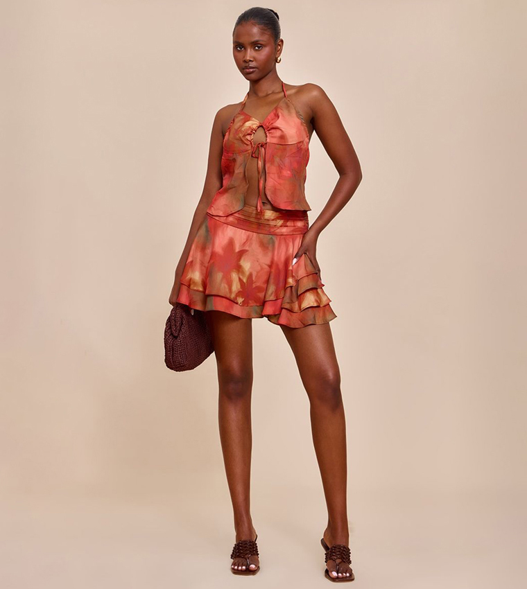 Floral Printed Split Hem Halterneck Cami Top