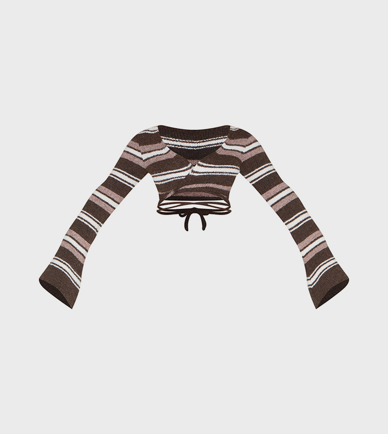 Shape Brushed Striped Knit Tie Front Crop Top