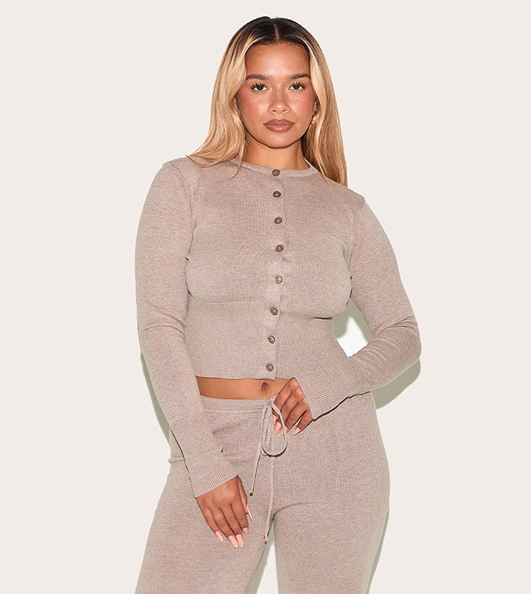 Ribbed Shape Mocha Button Front Wide Crop Cardigan