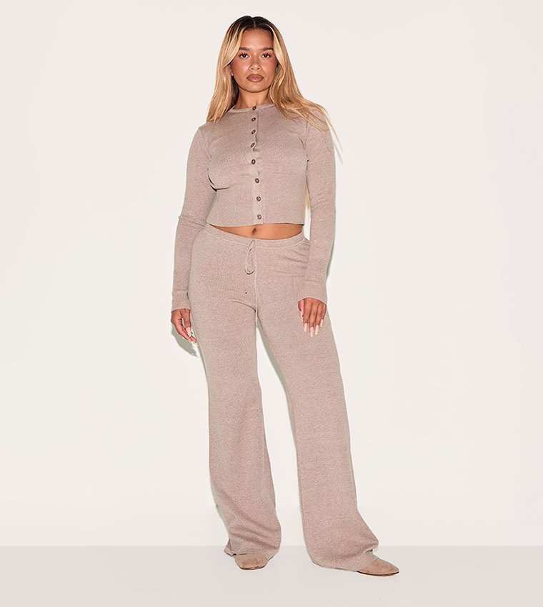 Ribbed Shape Mocha Button Front Wide Crop Cardigan