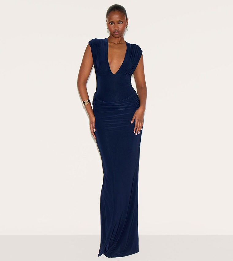 Double Layer Plunge Ruched Shoulder Drape Waist Maxi Dress