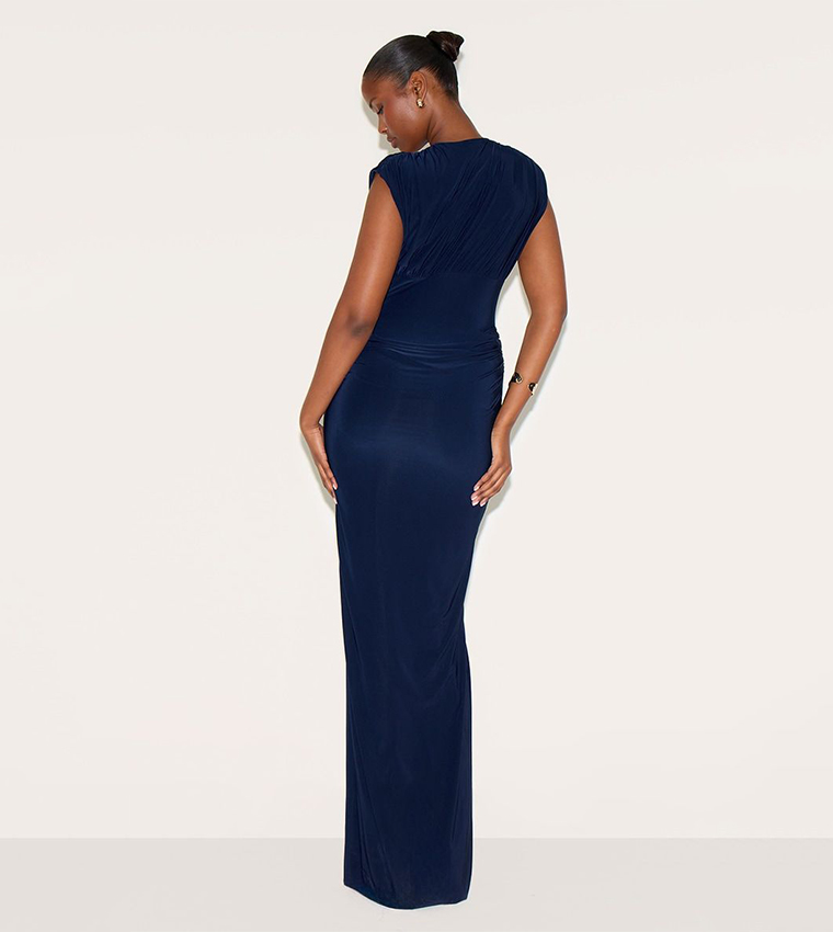 Double Layer Plunge Ruched Shoulder Drape Waist Maxi Dress
