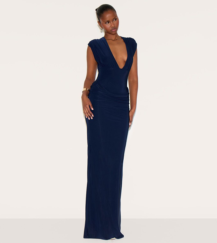 Double Layer Plunge Ruched Shoulder Drape Waist Maxi Dress