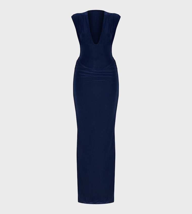 Double Layer Plunge Ruched Shoulder Drape Waist Maxi Dress