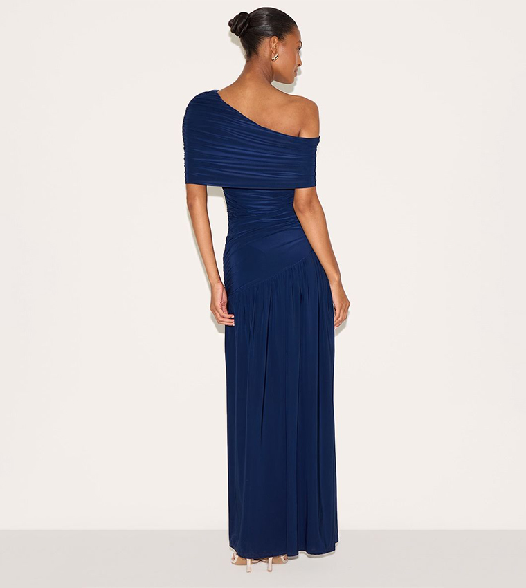 Double Layer Slinky Bardot One Shoulder Ruched Maxi Dress