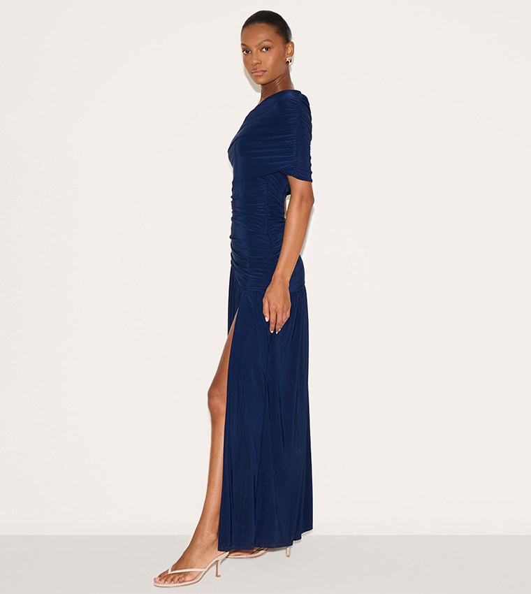Double Layer Slinky Bardot One Shoulder Ruched Maxi Dress