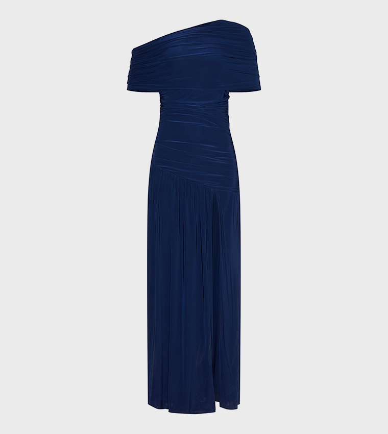 Double Layer Slinky Bardot One Shoulder Ruched Maxi Dress