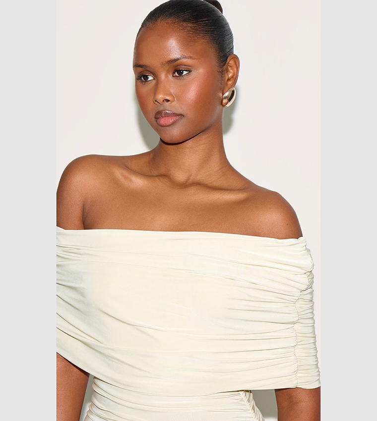 Double Layer Slinky Bardot One Shoulder Ruched Maxi Dress