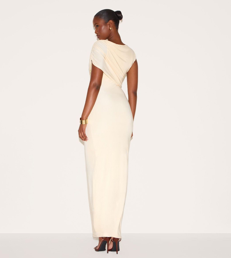 Double Layer Slinky Off Shoulder Drape Maxi Dress