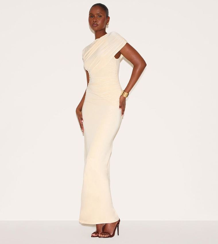 Double Layer Slinky Off Shoulder Drape Maxi Dress