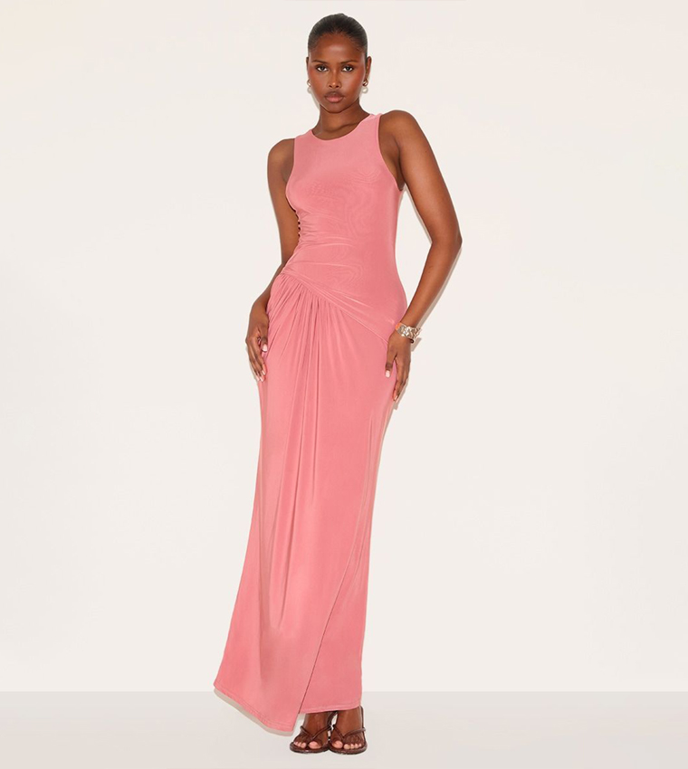 Buy PrettyLittleThing Double Layer Slinky Drop Waist Ruched Maxi Dress In  Pink