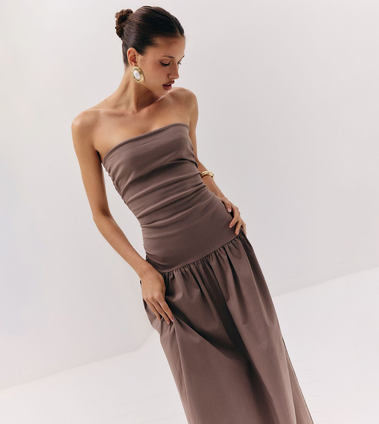 Stretch Strapless Ruched Maxi Dress