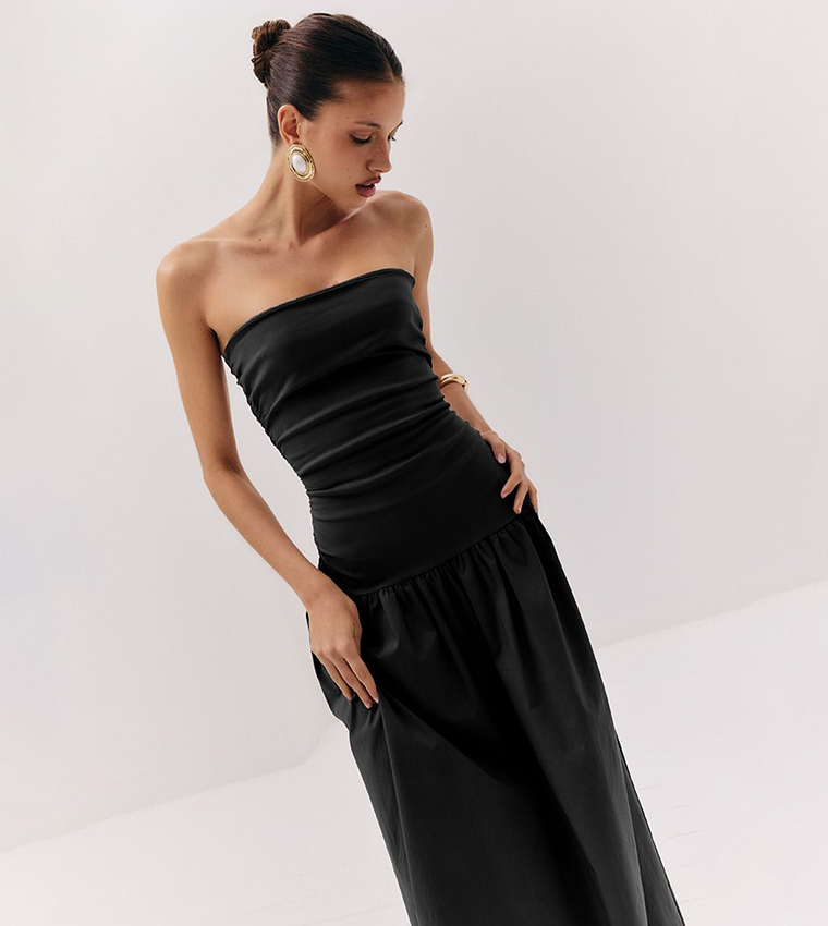 Stretch Strapless Ruched Maxi Dress
