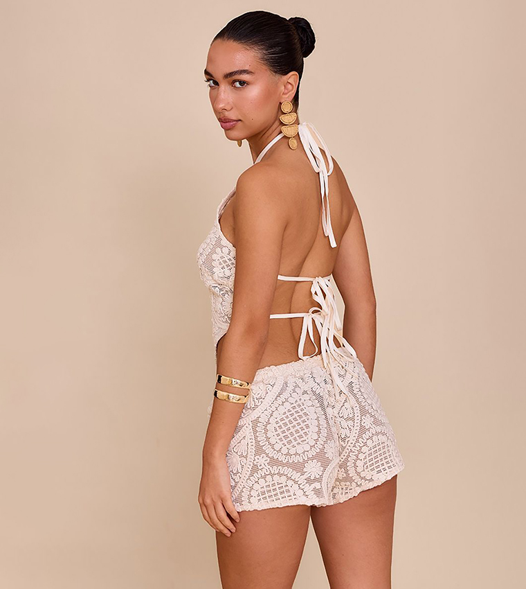Embroidered Halterneck Tie Back Crop Top