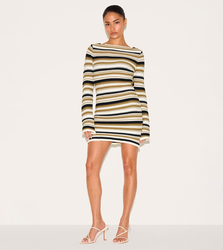 petite knitted mini dress PrettyLittleThing Women's Petite Scalloped Knitted Long Sleeve Mini Dress in Cream