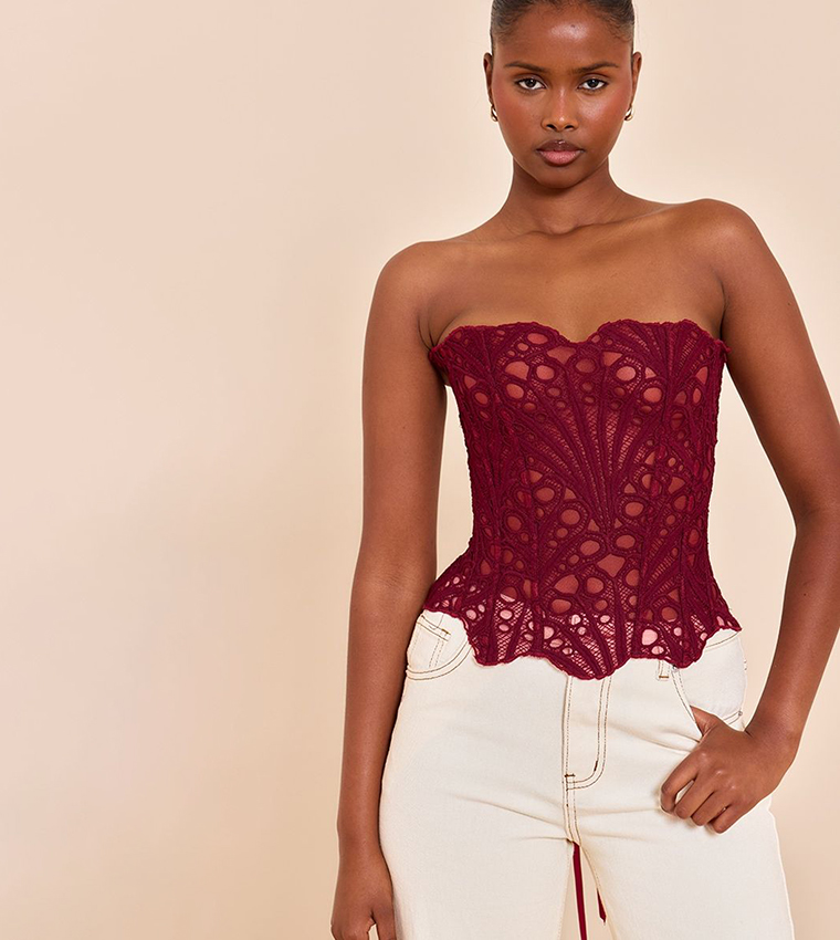 Buy PrettyLittleThing Textured Sheer Floral Lace Corset Top In