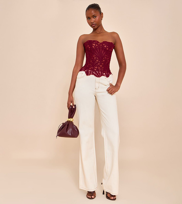 Buy PrettyLittleThing Textured Sheer Floral Lace Corset Top In